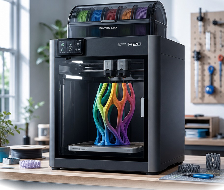 Bambu Lab H2D 3D nyomtató színes tárgyat készít a Modelastore műhelyében